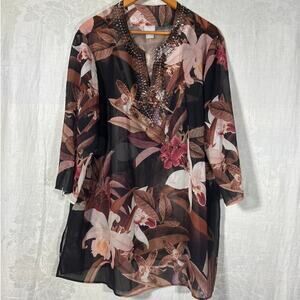 Chicos Tunic 4 20 22 2X Brown Floral Sheer Long Sequin Beaded Detail